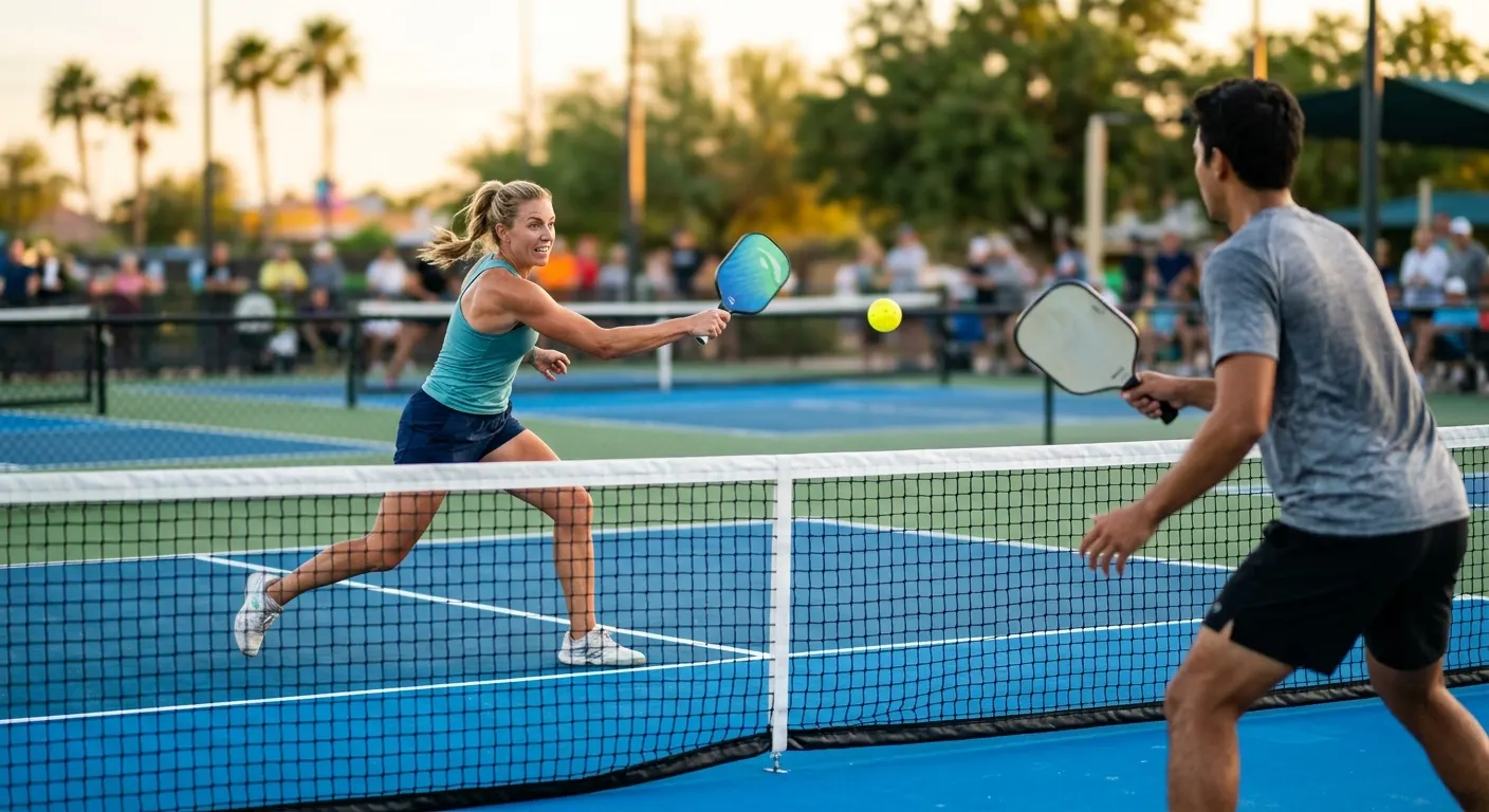 Two players in a fast doubles rally on a vivid blue and green pickleball court at golden hour
